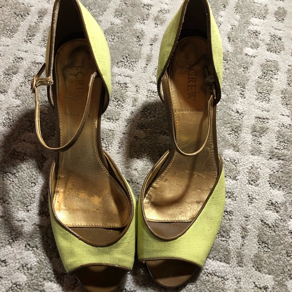 J. Crew Lime Green Linen Peek Toe Kitten Heel
